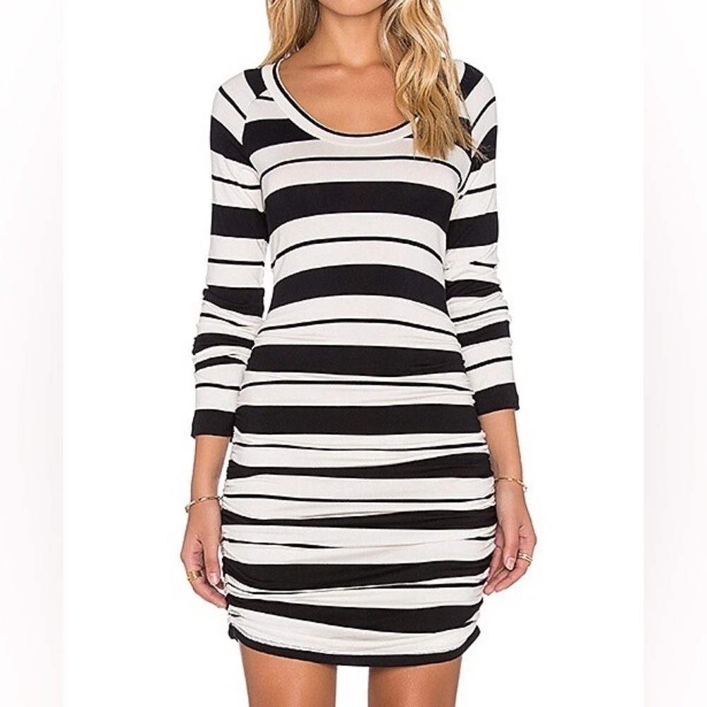 Amour Vert Black White Gabriella Shirred Dress in Brussels Stripe